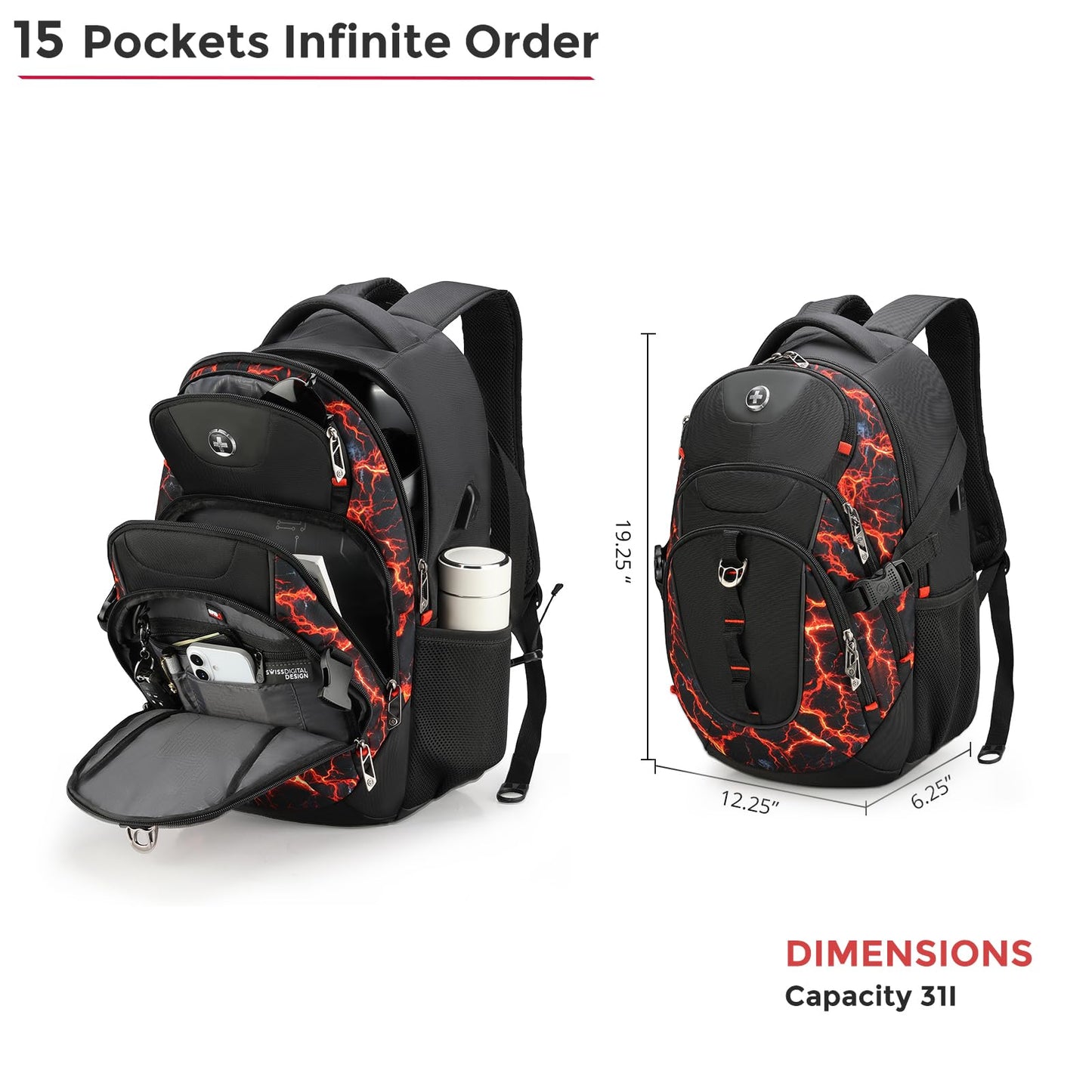 Swissdigital Laptop Backpack with USB Charging Port, Travel Backpack Fits 15.6 inches Computer, 31L Backpack for Men, Flame Red | SD803-97