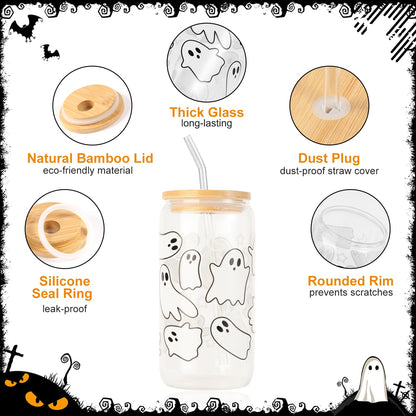 KMCCUMBER Halloween Ghost Fall Glass Cup with Lids and Straws, 16 oz Ghost Fall Mug, Iced Coffee Glass Tumbler, Spooky Glass Cups, Goth Spooky Gifts for Her, Halloween Gifts for Women Teens