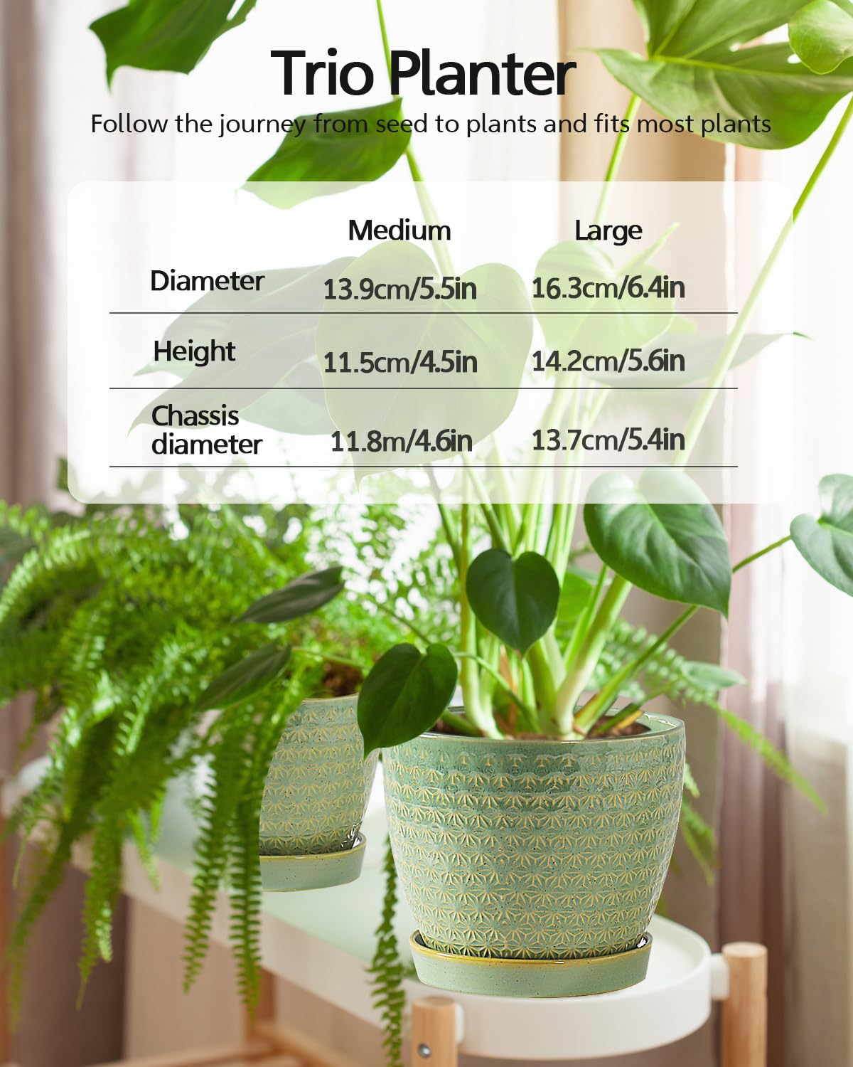 Plant Pots, Flower Pots, Planters for Indoor Plants(6.5+5.5inch), Flower Pots for Indoor Plant with Drainage Hole and Saucer, Ceramic Pots for Plants with Hole Mesh Pad,Sage Green