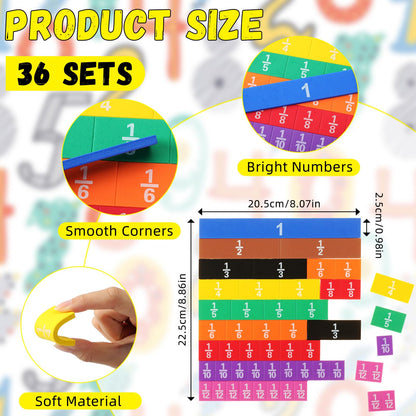 Sayglossy 36 Sets Fraction Tiles Set for Math Classroom Fractions Manipulatives Math Learning Manipulatives for Home School Supplies