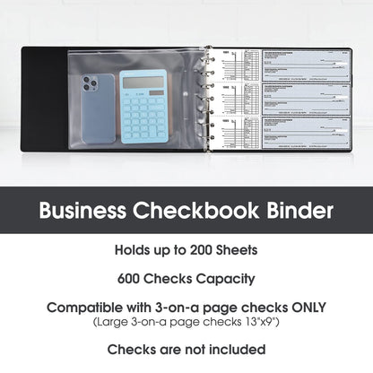 7 Ring Executive Business Check Binder 600 Checks Capcity for 9" x 13" Sheets, PU Leather Checkbook Holder with Zip Pouch