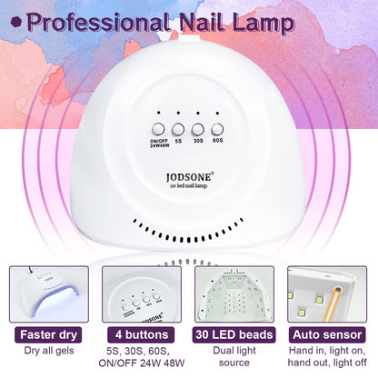 JODSONE Gel Nail Polish Kit with U V Light 32 Colors Gel Polish Nail + 4 Functional Adhesive Bottles Kit Soak Off Manicure Tools Gifts for Women