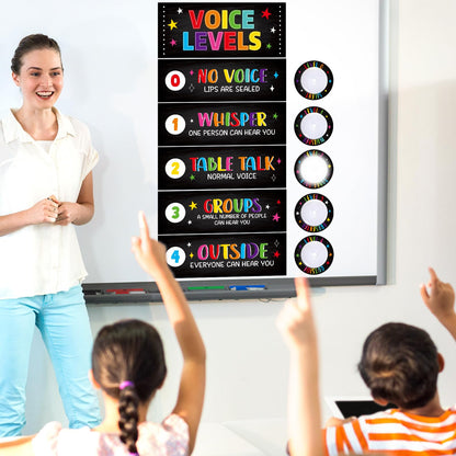 5 Pcs School Push Light and Voice Level Poster Voice Level Chart Monitor Rules Sign LED Tap Light Classroom Rules Poster Noise Chart Classroom Management Tools for Teachers（Colorful chalkboard Style）