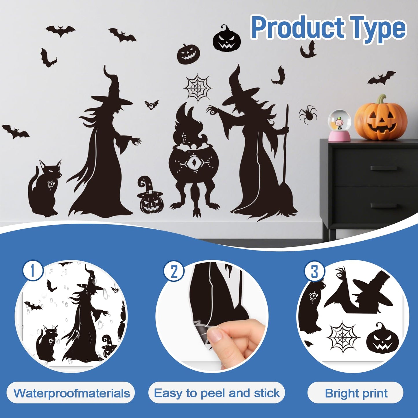 Witch Silhouette Wall Decal Set, Spooky Bats, Pumpkins & Spider Decor Wall Stickers, Peel and Stick Removable Vinyl Stickers, Halloween Party Decorations for Home, Living Room, Bedroom, Window Clings