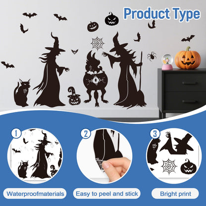 Witch Silhouette Wall Decal Set, Spooky Bats, Pumpkins & Spider Decor Wall Stickers, Peel and Stick Removable Vinyl Stickers, Halloween Party Decorations for Home, Living Room, Bedroom, Window Clings