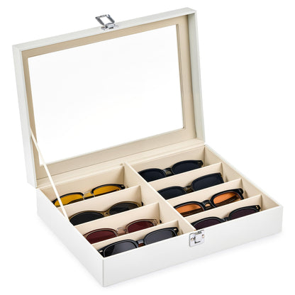 CO-Z Sunglasses Organizer with 8 Slots, Leather Eyeglasses Storage Box for Multiple Glasses, Lockable Display Case for Women Men, Glasses Holder for Watches Jewelry Collection, White