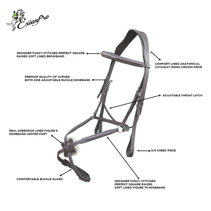 ExionPro Exion Anatomical Figure 8 Bridle with Broad Mono Crown Piece | Fancy Stitching Square Raised Noseband | Soft Padding on Crown, Brow & Noseband | Rubber Grip Reins for Horse