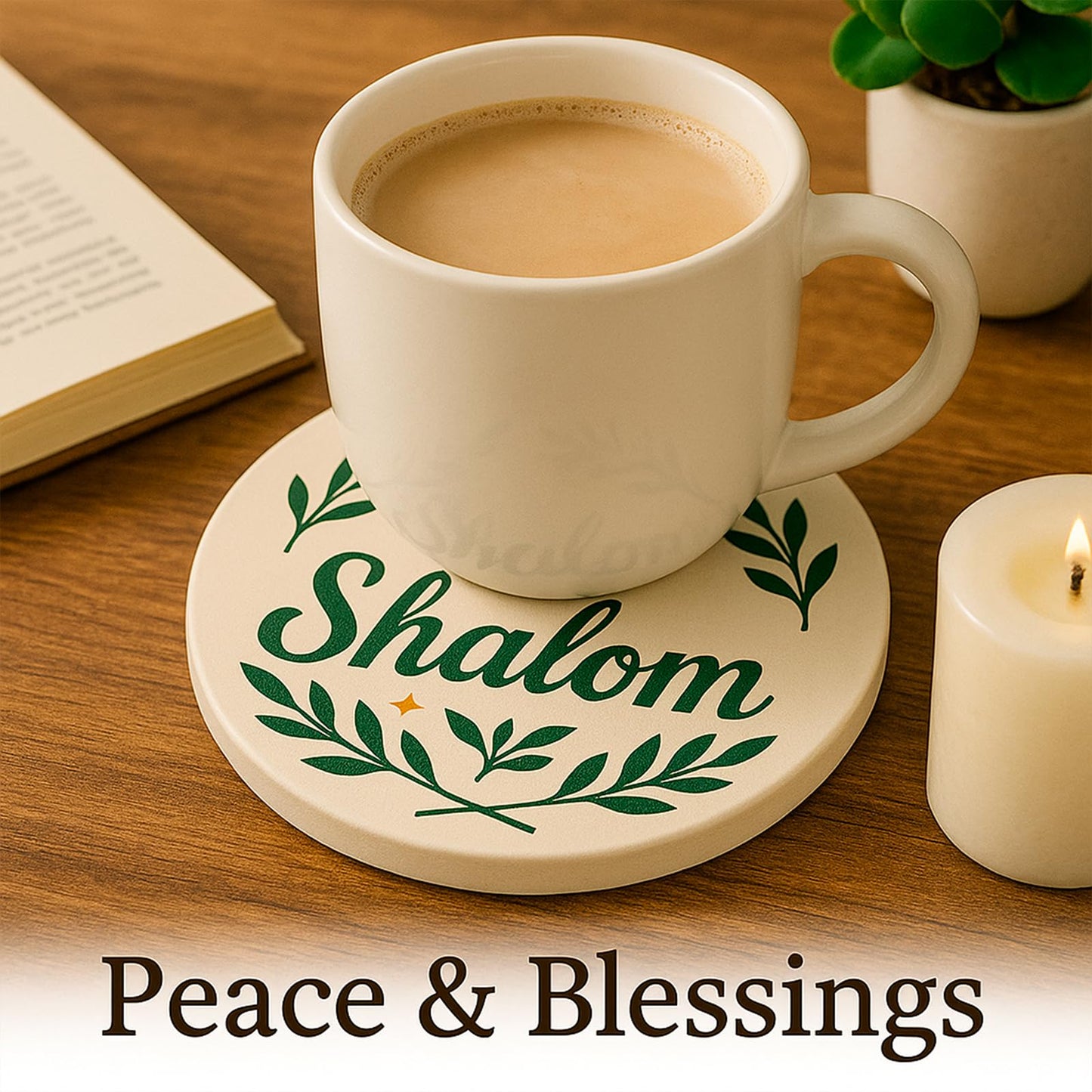 Shalom Coasters Set of 4 Ceramic Drink Coasters with Olive Branch Peace Design Absorbent Stone Coasters with Cork Base Christian & Jewish Gifts Religious Table Decor for Home Holidays