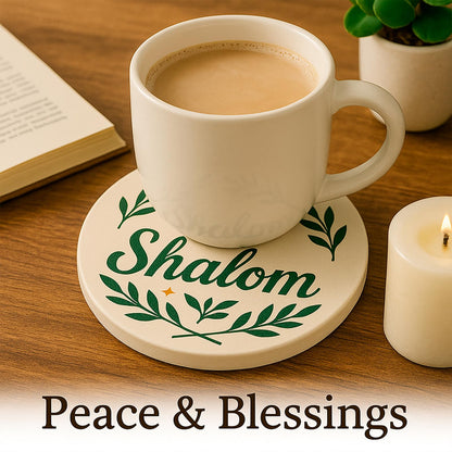 Shalom Coasters Set of 4 Ceramic Drink Coasters with Olive Branch Peace Design Absorbent Stone Coasters with Cork Base Christian & Jewish Gifts Religious Table Decor for Home Holidays