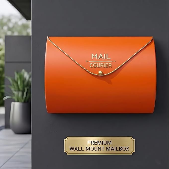 Orange Wall Mount Mailbox for Outside,Waterproof Metal Mailboxes with Rust-Proof Galvanized Steel,Large Capacity Envelope Mailbox for House,12.99 x 10.35 x 3.5 Inch