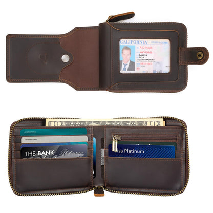 Polare Full Grain Leather Wallet for Men Bifold RFID Blocking Cash Credit Card Case with Air Tag Slot and YKK Zip Coin Pocket (Dark Brown with AirTag Slot)
