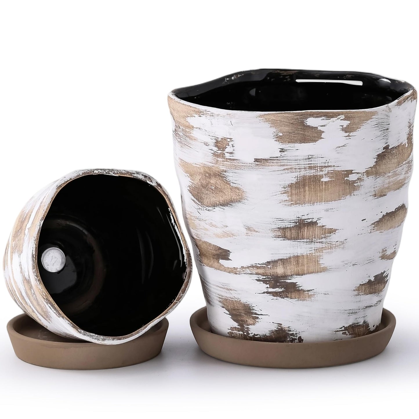 Pkeo Bbun 4+6 Inch Ceramic Planter Set of 2 with Drainage Hole,Saucer for Plants, Indoor-Outdoor Large Round Succulent Orchid Flower Pot- Cement Paint, Inner-pots not Larger Than 5 Inch Light Brown