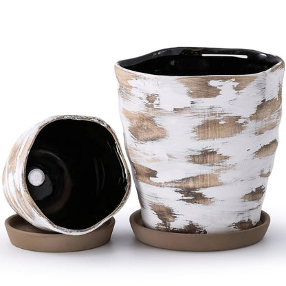 Pkeo Bbun 4+6 Inch Ceramic Planter Set of 2 with Drainage Hole,Saucer for Plants, Indoor-Outdoor Large Round Succulent Orchid Flower Pot- Cement Paint, Inner-pots not Larger Than 5 Inch Light Brown