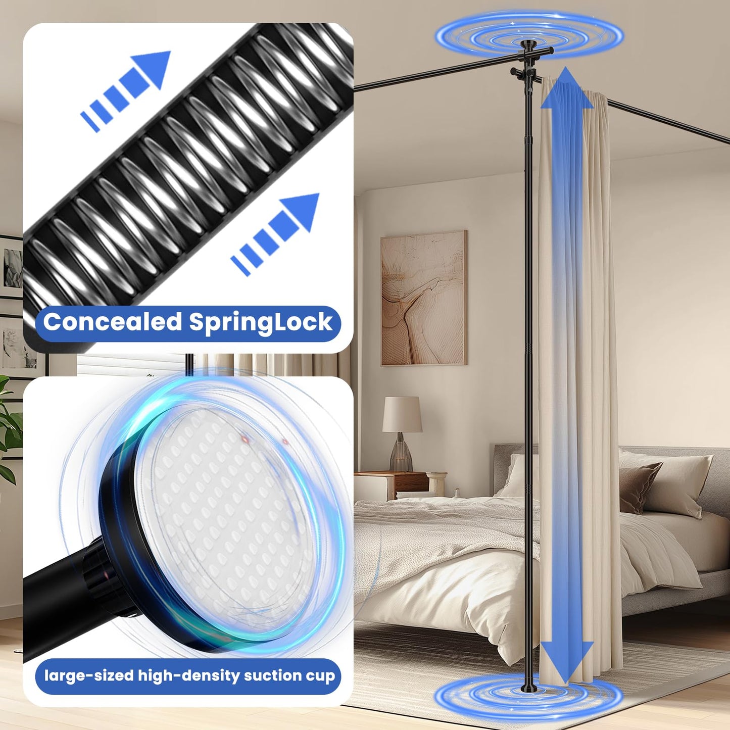 Room Divider No Drill Tension Curtain Rods Wall Divider for Room Separation (W) 35-200in×(H) 43-120in Adjustable, Heavy Duty Partition Space Separator Freestanding Tension Curtain Stand, Black