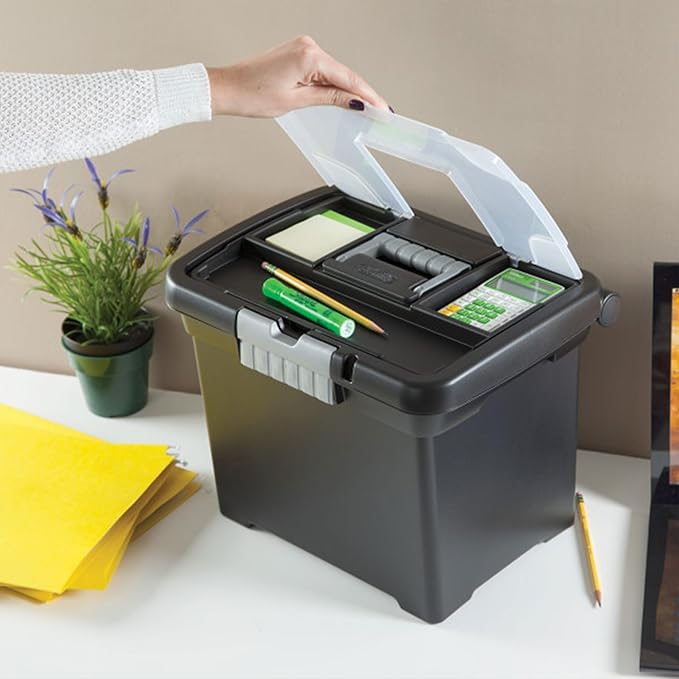 Sterilite 4-Pack Portable File Box, Stackable Container for Letter Hanging Folders, Black - Paper Document Plastic Storage Organizer with Latching Lid for Home, Office, and Dorm Organization