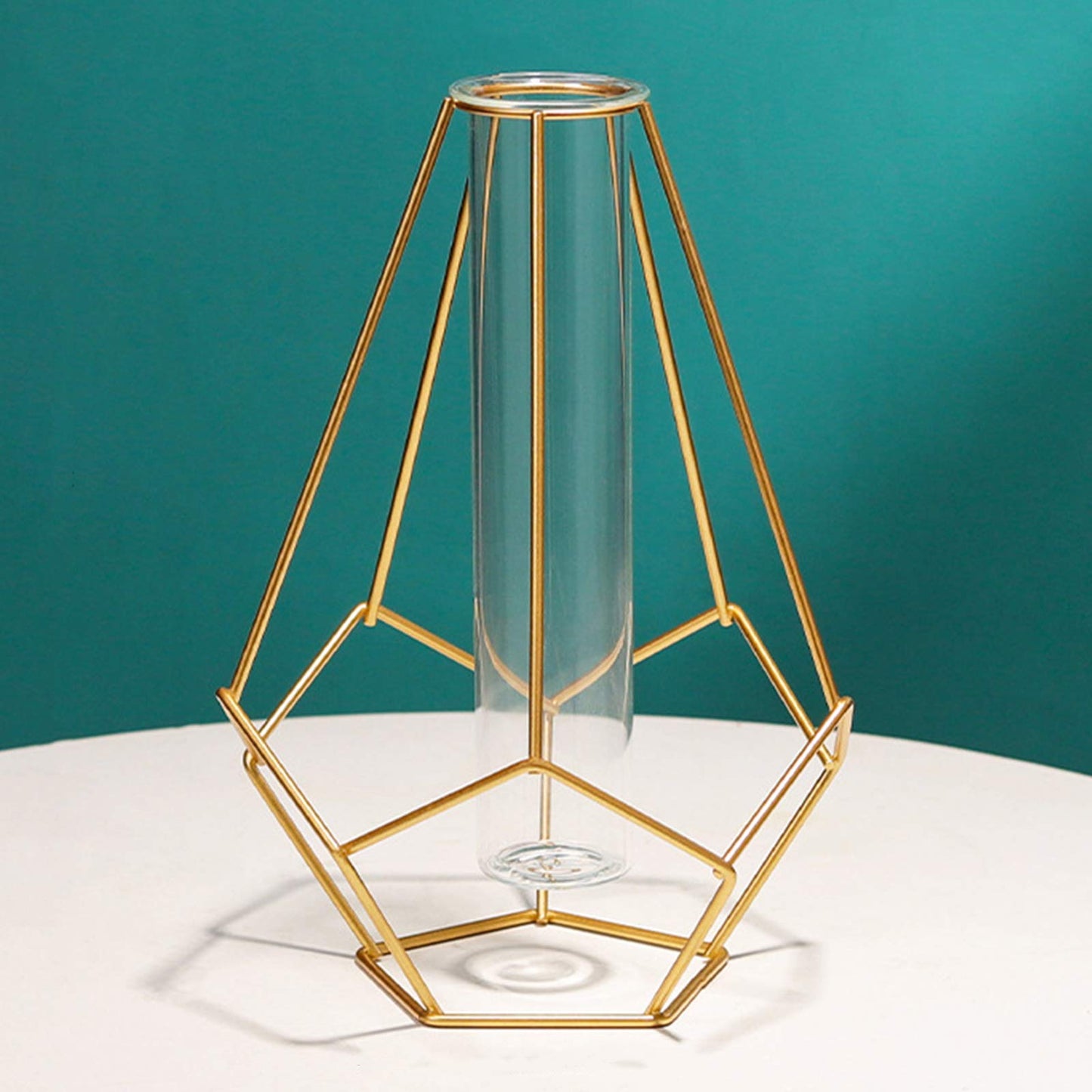 Metal Frame Vase Geometric Glass Flower Vase, Lantern Shape Glass Test Tube Vase, Modern Creative Clear Tube Glass Planter Terrariums with Geometric Metal Stand for Decor Office Home (Golden B)