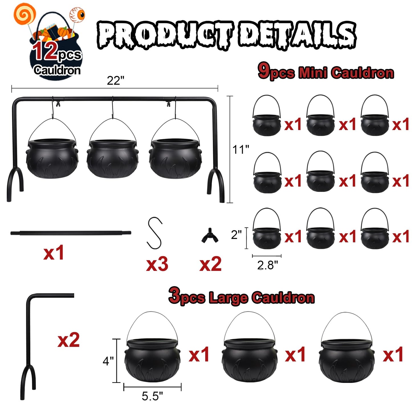 CESOF Cauldron Halloween Party Decor, Set of 12 Hanging Black Plastic Cauldron Bowls with Iron Rack, Large and Mini Candy Bucket Serving Punch Bowl for Table Witch Hocus Pocus Indoor Home Decorations