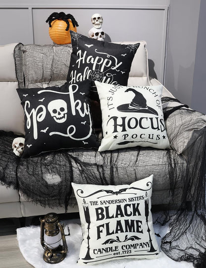 TOYPOPOR Halloween Decorations Pillow Covers Double-Side Printing 18x18 Set of 4 Indoor/Outdoor Hocus Pocus Farmhouse Decorative Cushion Cases Spider Web Cat Skull Home Decor