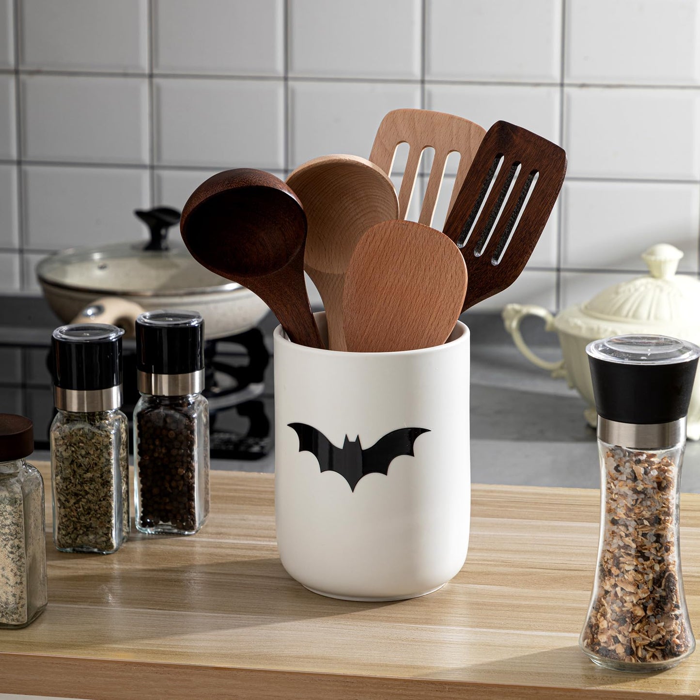 Sawysine Gothic Bat Ceramic Utensil Holder Christmas Kitchen Crock Storage Accessories Decoration for Home Farmhouse Kitchen Countertop Storage Organizer Container Gifts