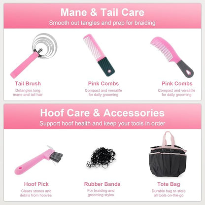 Horse Grooming Kit 13 Piece, Horse Brushes for Grooming Supplies Set, Professional Horse Supplies with Gloves & Brush for Equine Care, Pink