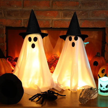 VioraWhite 2 Pack 18.8Inch Lighted Halloween Decoration Indoor Ghost Witch Hat with Lights Spooky Halloween Party Decoration Scary Glowing Ghost Kit for Mantel Shelf Table Fireplace Home Room Kitchen