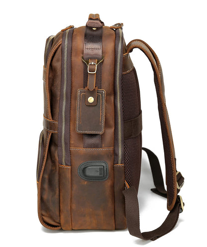LANNSYNE Vintage Genuine Leather Backpack For Men 15.6 Inch Laptop Bag Overnight Weekender Camping Daypack Rucksack