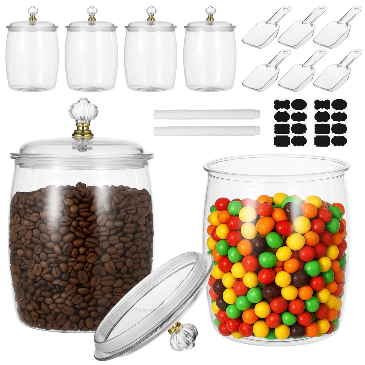DORMIYA 6 Pcs Candy and Cookie Jars, 74 oz Transparent Plastic Jars with Lids, Decorative Storage Containers with Scoops, Labels, and Markers, Airtight Food Canisters for Candy Buffets, Kitchens