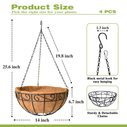 Qusuxi 4 Pack 14 Inch Hanging Baskets for Plants Outdoor Metal Hanging Planter Hanging Flower Baskets with Coco Fiber Liners Chain Round Wire Plant Holder Hangings Flower Pots(Plaid)