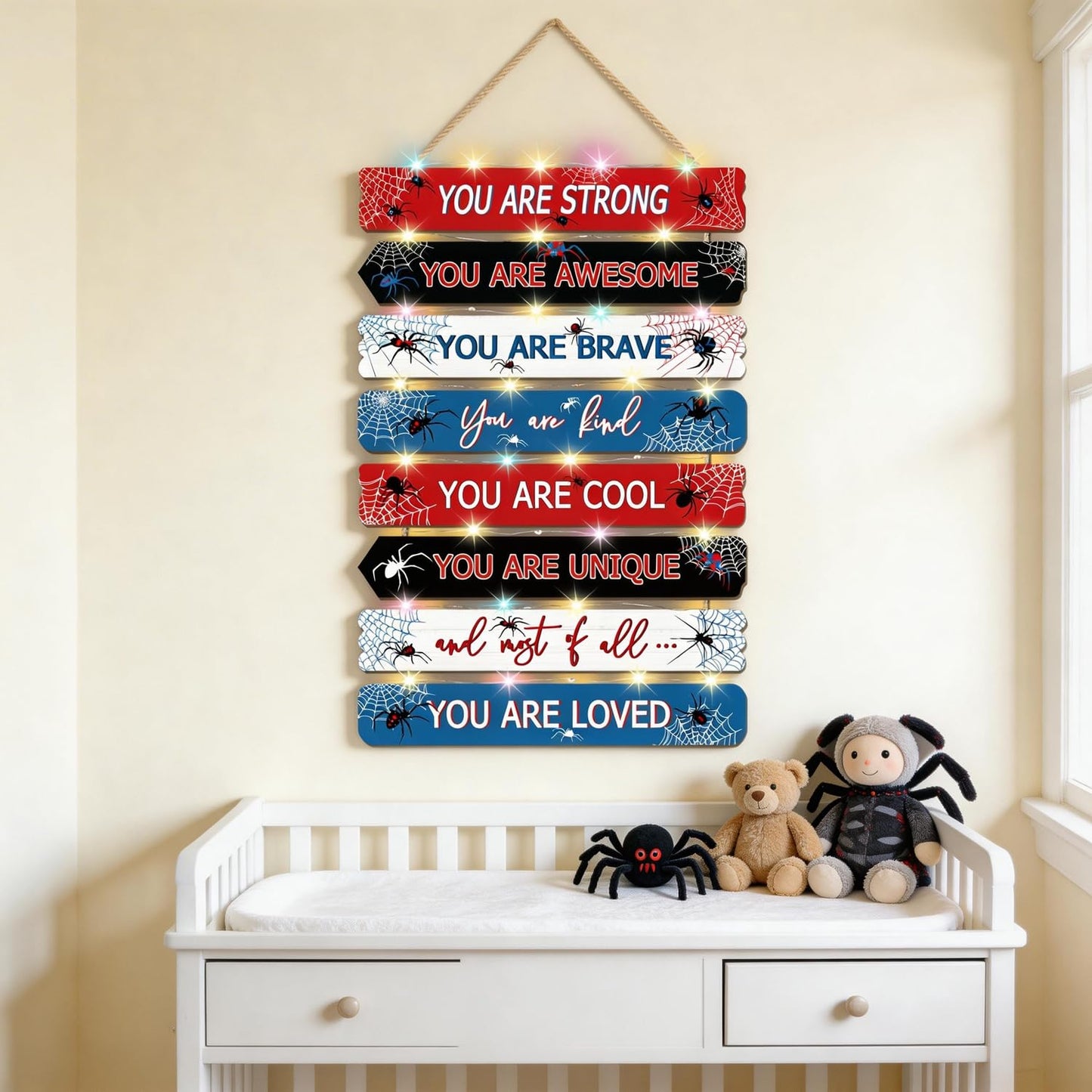 Spider Room Decor with LED Lights Bedroom Boys Room Wall Decor Children Inspirational Motivational Wall Art Wooden Wall Decor Little Boy Kids Room Interior Decor Toddler Room Sign