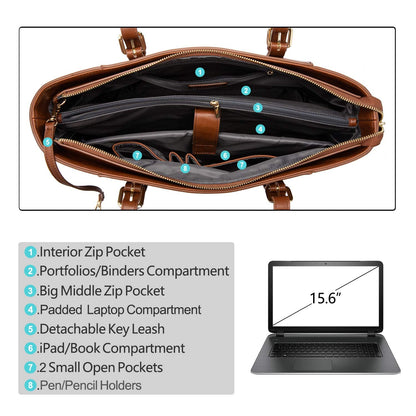 LOVEVOOK Laptop Bag for Women, Structured Leather Computer Bag, Professional Work Tote Purse, Teacher/Attorney’s Choice, Retro-Brown