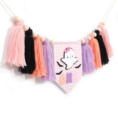 Spooky One High Chair Banner for Girls - Pink Ghost Yarn Tassel Highchair Banner, Halloween 1st Birthday Decorations, Our Little Boo is One Birthday Decor