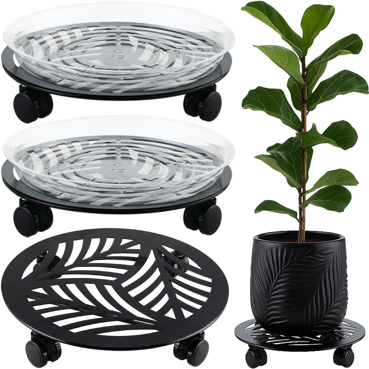 3 Packs 13 inches Large Metal Plant Caddy with PU Wheels Heav-duty Rolling Plant Stands Indoor Outdoor Wheeled Plant Dolly Coasters Flower Pot Mover Rollers Plant Trolley Cart, Plant Saucers Included