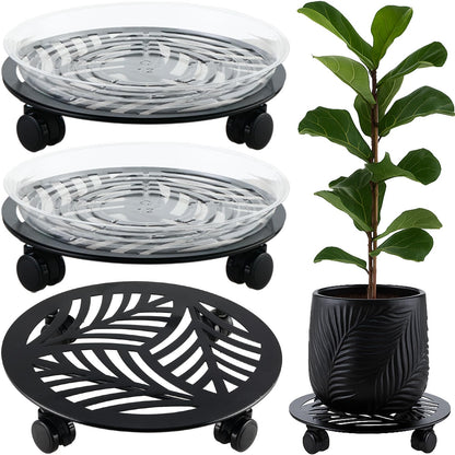 3 Packs 13 inches Large Metal Plant Caddy with PU Wheels Heav-duty Rolling Plant Stands Indoor Outdoor Wheeled Plant Dolly Coasters Flower Pot Mover Rollers Plant Trolley Cart, Plant Saucers Included
