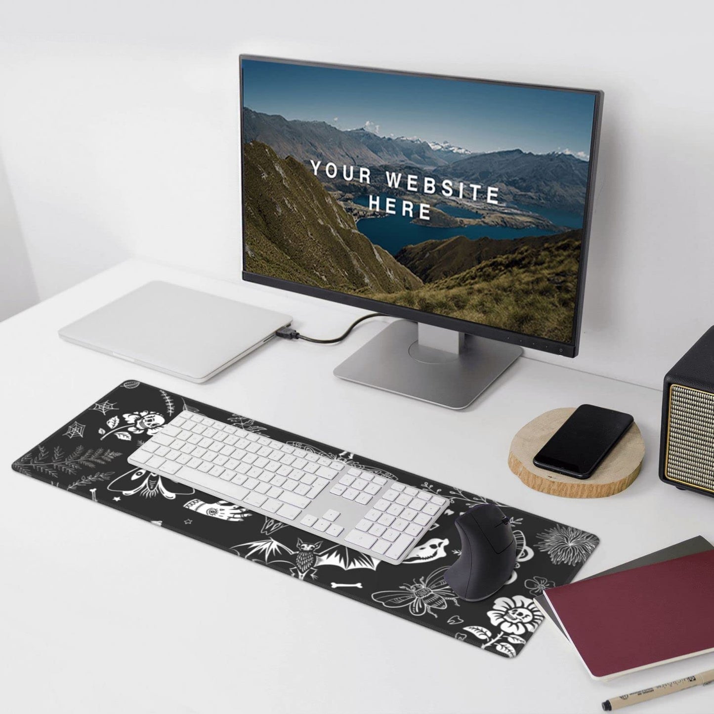 Witch Skeleton Goat Gaming Mouse Pad XL Black and White Large Extended Non Slip Rubber Base Desk Mat Stitched Edge Keyboard Mat 31.5x11.8 Inch