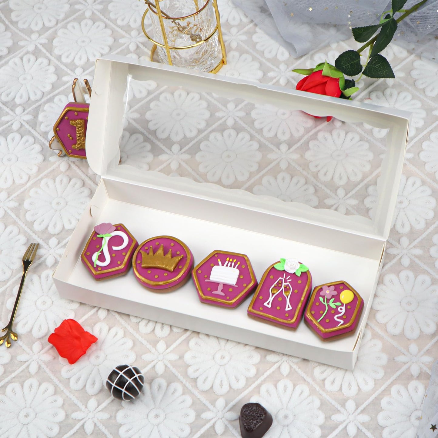 JCXGRVC 50pcs 12x5x1.5Inches White Bakery Boxes with Window Cookies Boxes Chocolate Truffle Boxes Macaron Boxes Cakesickle Boxes Browines Treat Boxes for Christmas Valentine's Easter Mother's Day