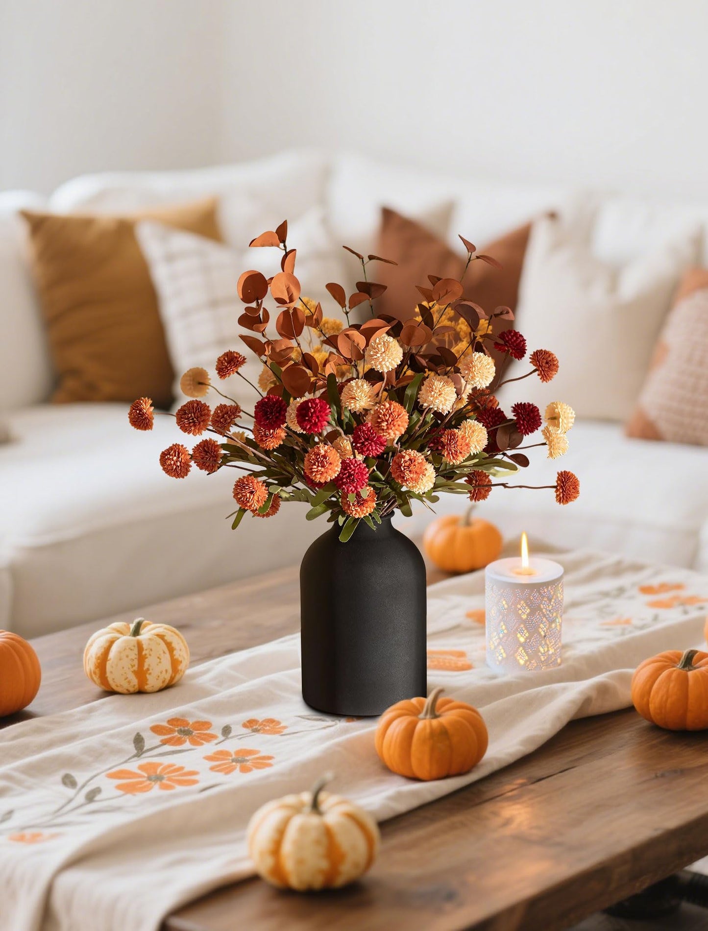 BLOSMON Flower Centerpiece Table Decorations: Metal Vase with 12 Stems of Fake Mums Kiku Flowers Eucalyptuses for Home Dining Room - Burnt Orange Artificial Pom Poms Floral Arrangement in Vase