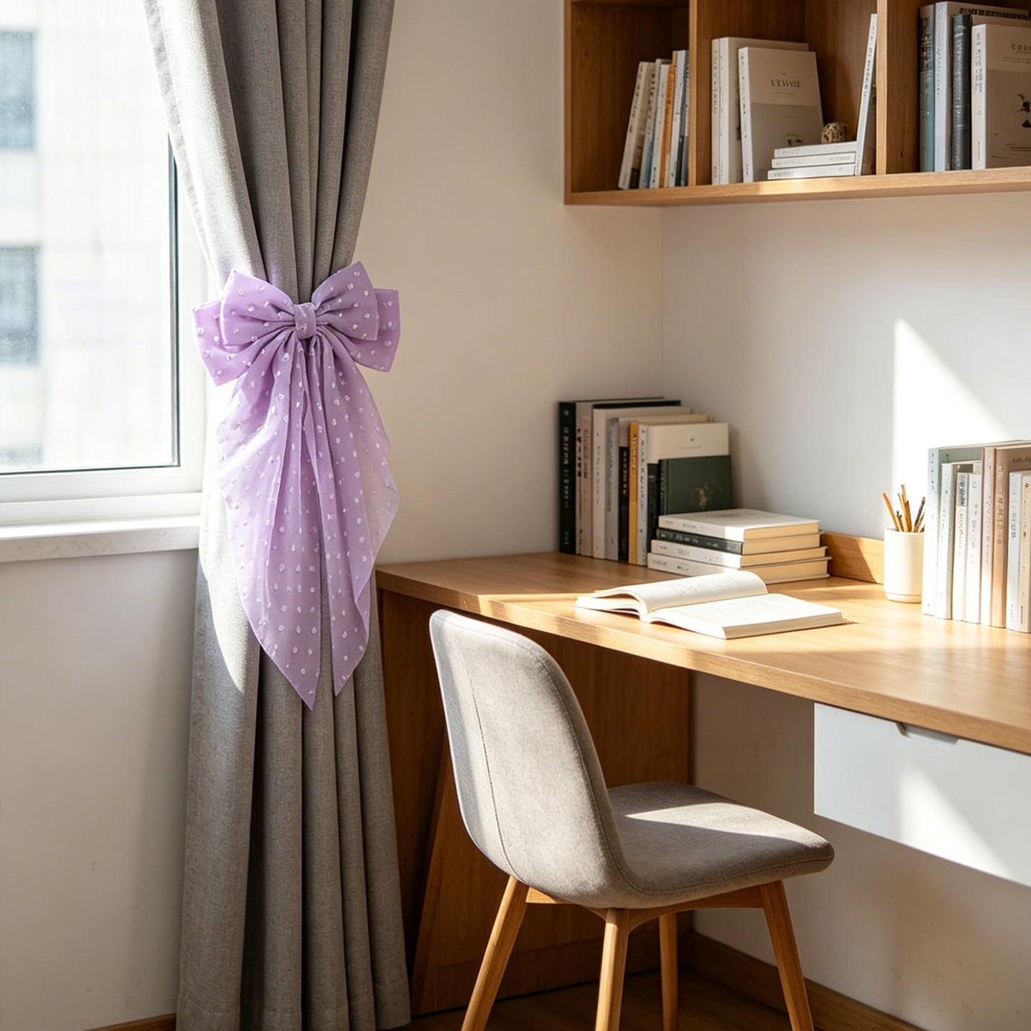 2 Pack Purple Curtain Tiebacks, Romantic Bow Curtain Ties with Clips, Decorative Sheer Curtain Holdbacks, Boho Curtain Tie Backs for Bedroom Nursery Living Room Home Decor (Purple)