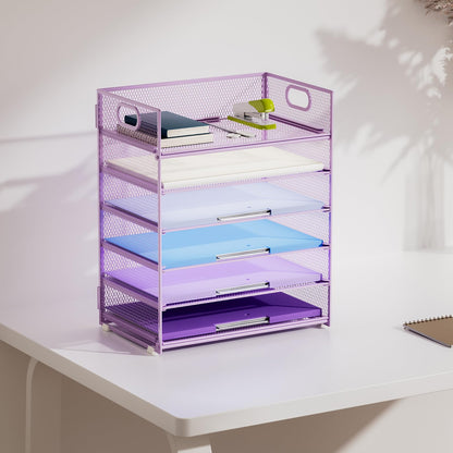 Marbrasse 6 Tier Paper Organizer Letter Tray - Mesh Desk File Organizer with Handle, Paper Sorter for Letter/A4 Office File Folder Holder - Purple