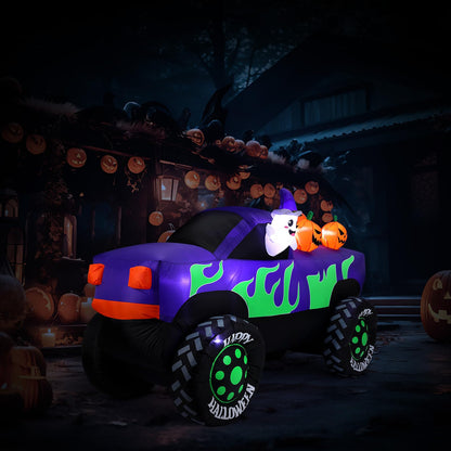 Leyndo 8 ft Long Halloween Inflatables Monster Truck Outdoor Decorations Lighted Ghost Driving Truck with Pumpkins Blow up Yard Decor with Lights for Halloween Party Indoor Family Garden Lawn Decor