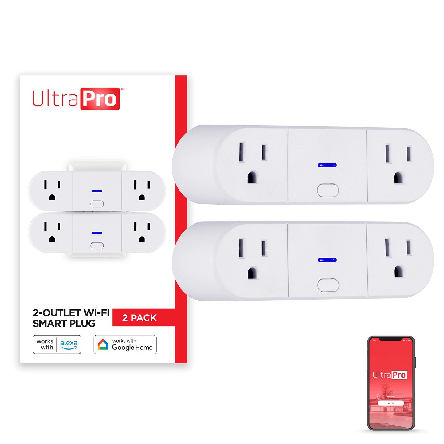 UltraPro Smart Plug WiFi Outlet, Smart Home, Smart Switch, Dual Smart Outlet, Works with Alexa, Echo & Google Home, No Hub Required, App Controlled, ETL Certified, Alexa Plug, 2 Pack, 51403