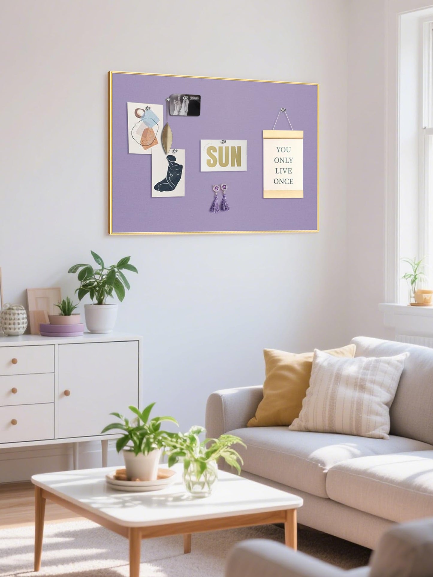 Lightomorrow Bulletin Board 30 x 20 inches, Mystic Violet Pin Board, Golden Aluminum Framed Fabric Cork Board with 10 Push Pins