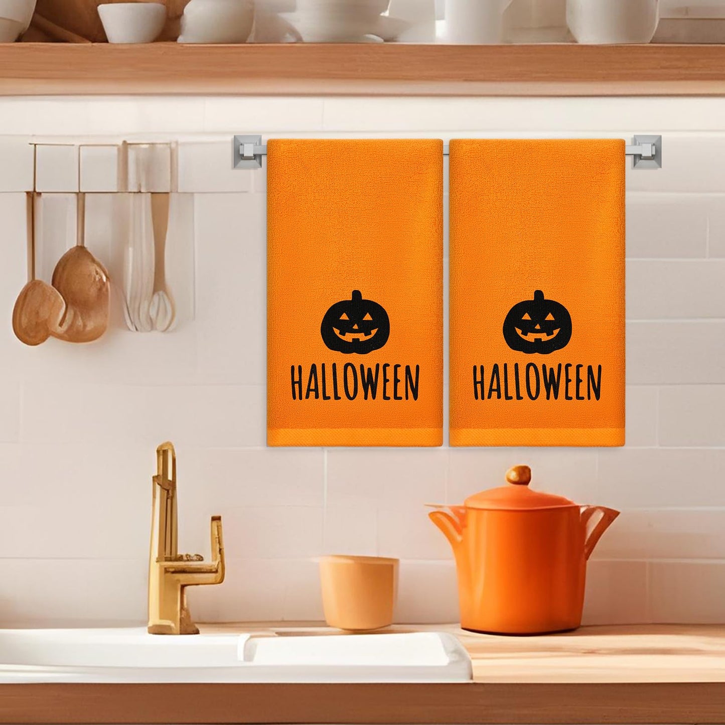JarThenaAMCS 2Pcs Halloween Pumpkin Hand Towels Orange Black Embroidered Cotton Bathroom Towels Decorative Dish Towel for Drying Cleaning Cooking Holiday Decor, 29.5 x 13.8 Inch