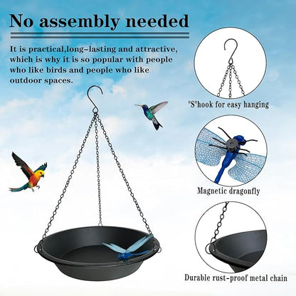 Hanging Bird Bath for Outdoors 11.4 inch Birdbath Bowl Window Birds Feeder with Rust-Proof Black Chains Hooks Metal BirdBaths Hanging Bird-Feeder for Garden Backyard Decor Metallic Black