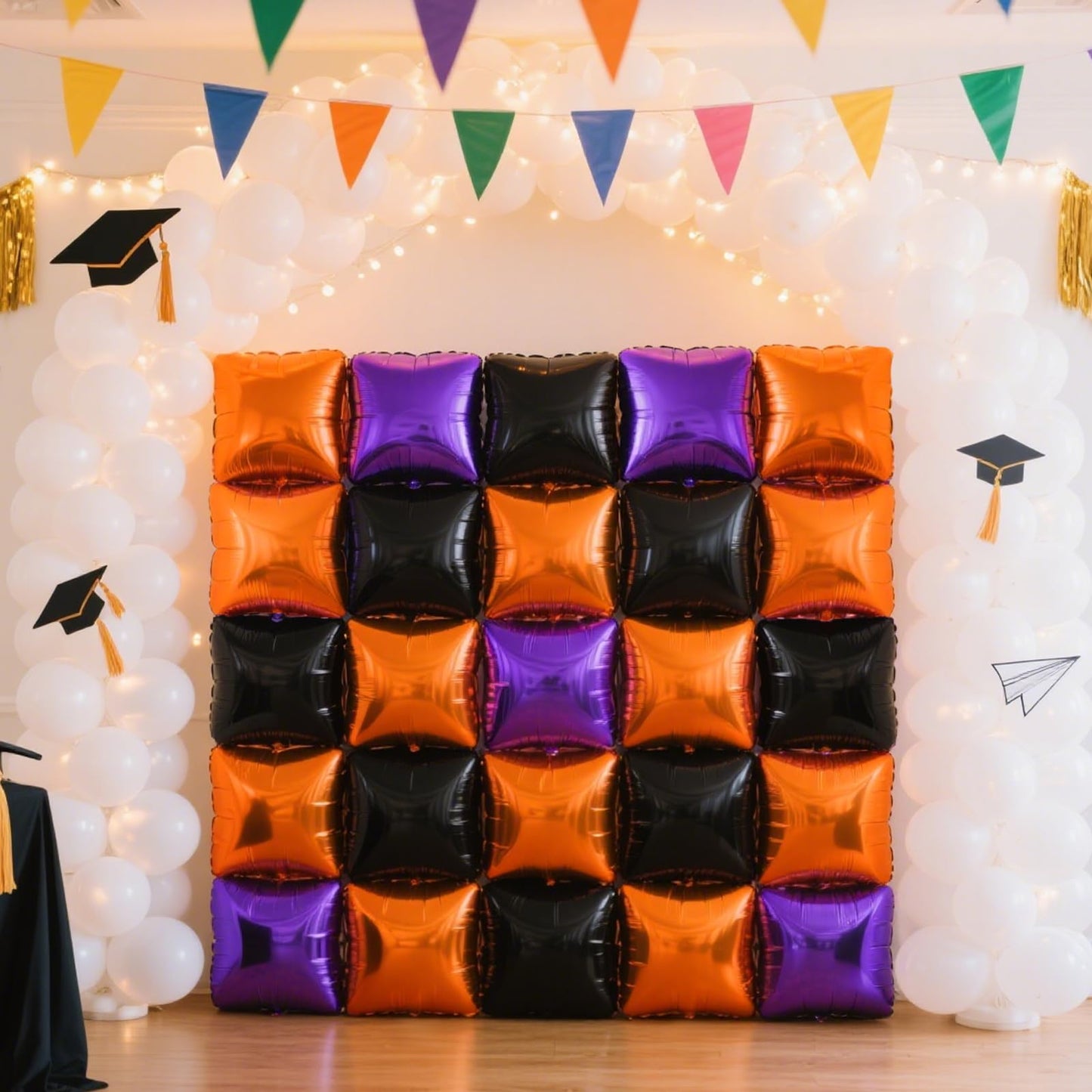NISOCY 25PCS Orange Purple Black Square Foil Balloons Wall Backdrop Metallic Double Sided Orange Purple Black Balloons Tunnel Arch Kit for Halloween Birthday Graduation New Year Party Decorations