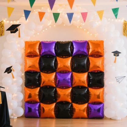 NISOCY 25PCS Orange Purple Black Square Foil Balloons Wall Backdrop Metallic Double Sided Orange Purple Black Balloons Tunnel Arch Kit for Halloween Birthday Graduation New Year Party Decorations