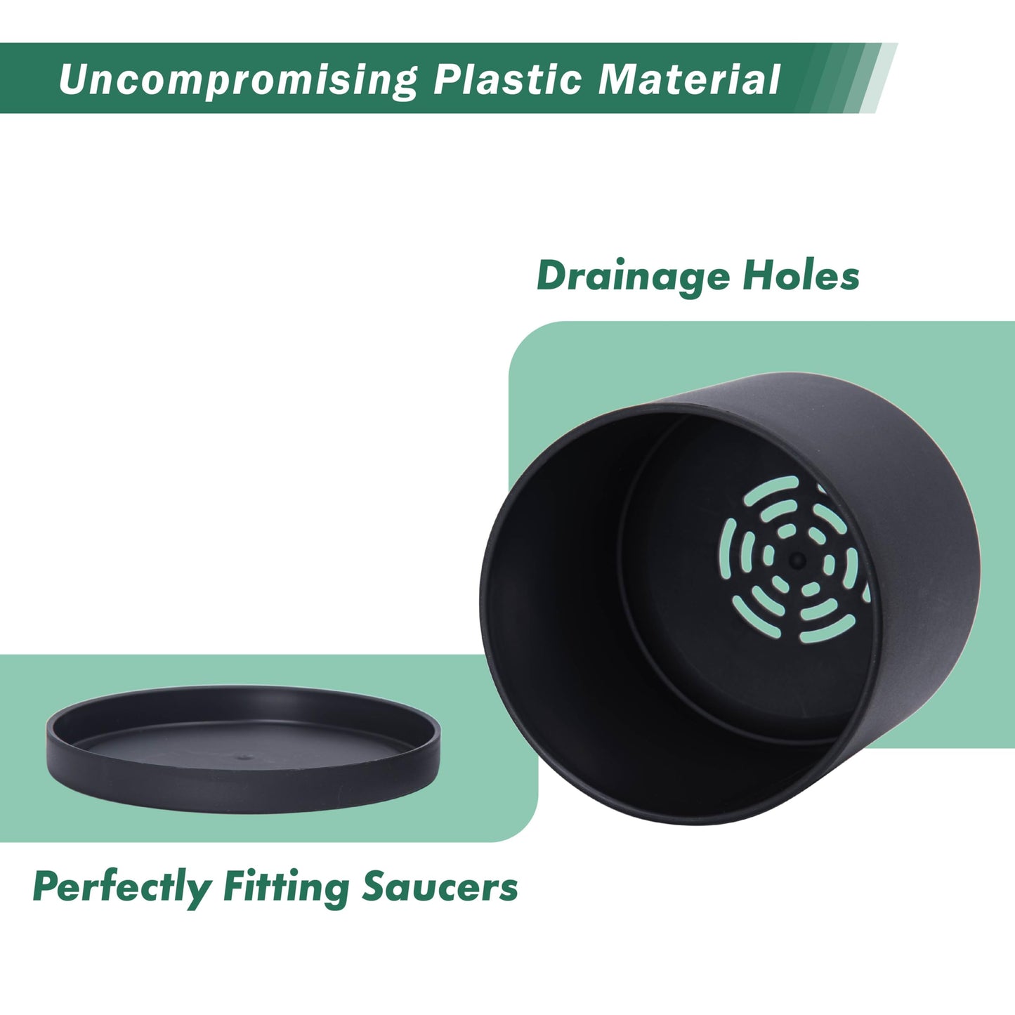 D'vine Dev 4 Pack 5.5 Inch Modern Plastic Plant Pots, Small Garden Planters for Plant with Drainage Holes and Saucers, Black Color, 74-Y-H-2