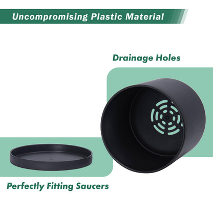 D'vine Dev 4 Pack 5.5 Inch Modern Plastic Plant Pots, Small Garden Planters for Plant with Drainage Holes and Saucers, Black Color, 74-Y-H-2