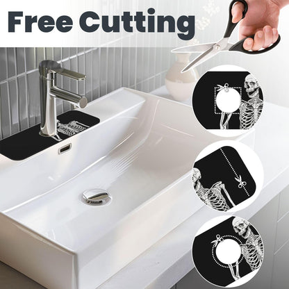 Black Funny Skull Human Skeleton Halloween Kitchen Sink Splash Guard Faucet Mat Super Absorbent Fast Drying Mat Sink Gadgets-Fast Drying Pad Sink Mat For Kitchen Bathroom (15" X 5.5" )