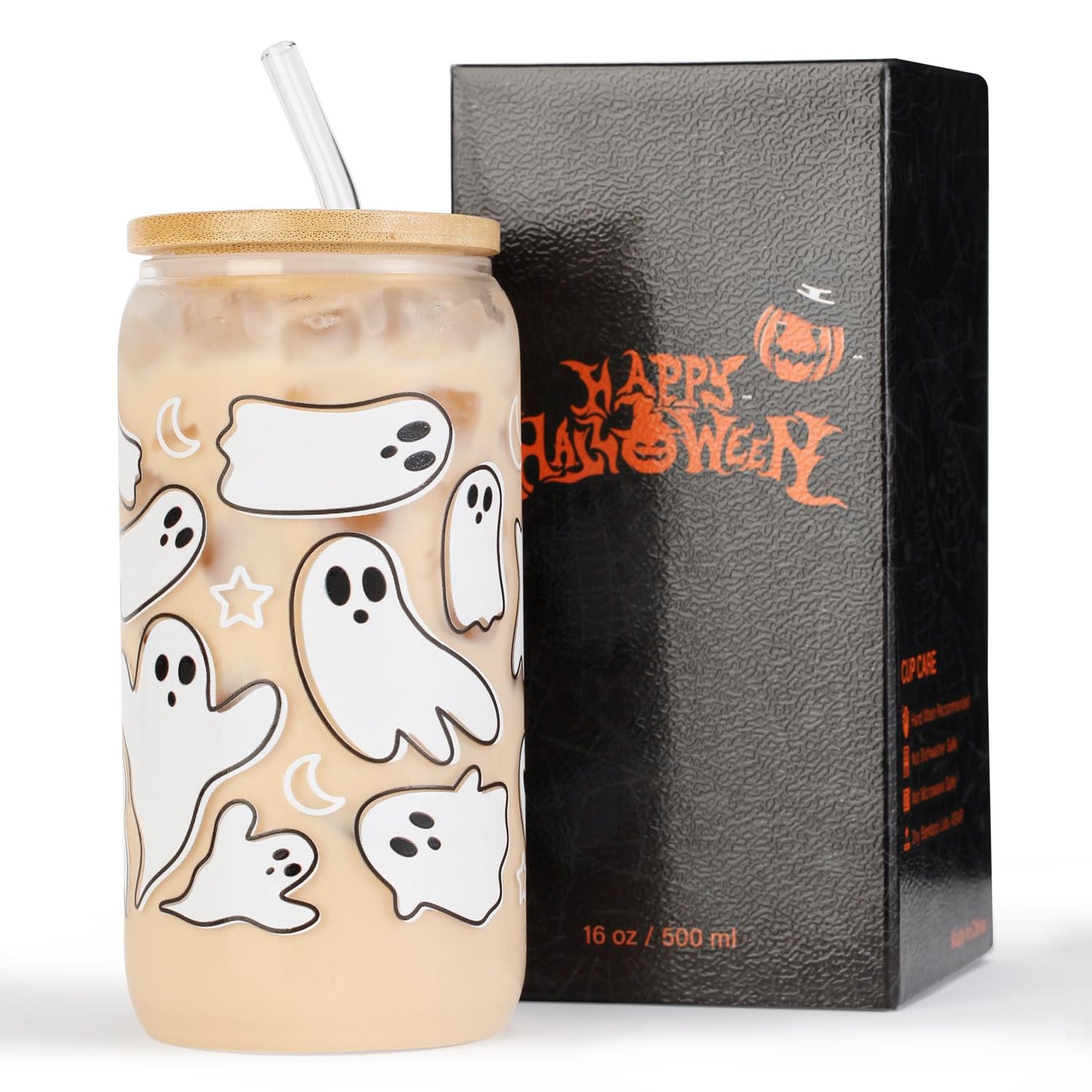 KMCCUMBER Halloween Ghost Fall Glass Cup with Lids and Straws, 16 oz Ghost Fall Mug, Iced Coffee Glass Tumbler, Spooky Glass Cups, Goth Spooky Gifts for Her, Halloween Gifts for Women Teens