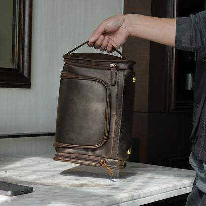 Polare Full Grain Leather Toiletry Bag Travel Dopp Kit Makeup Cosmetic Organizer Shaving Kit Wash Case with Hanging Hook